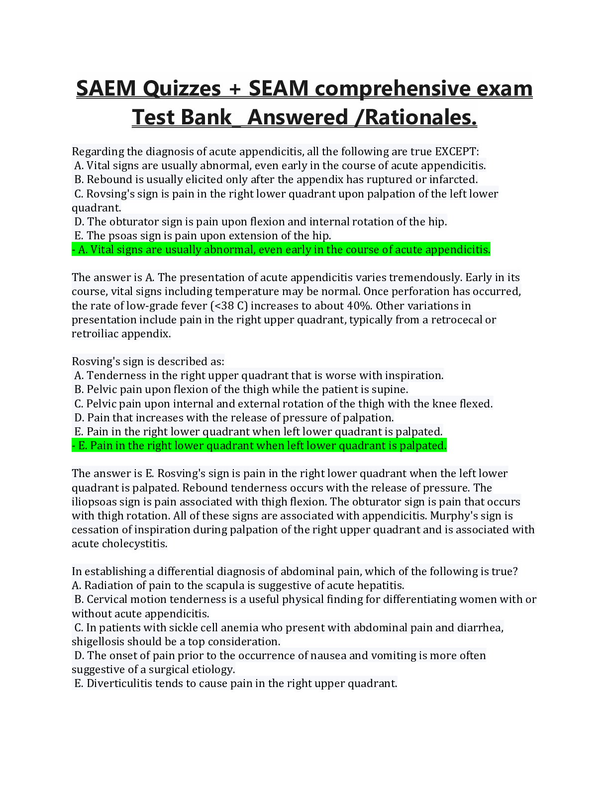 Emergency Medicine SAEM Quizzes, Comprehensive Exam test bank (answered correctly/deeply elaborated)  .